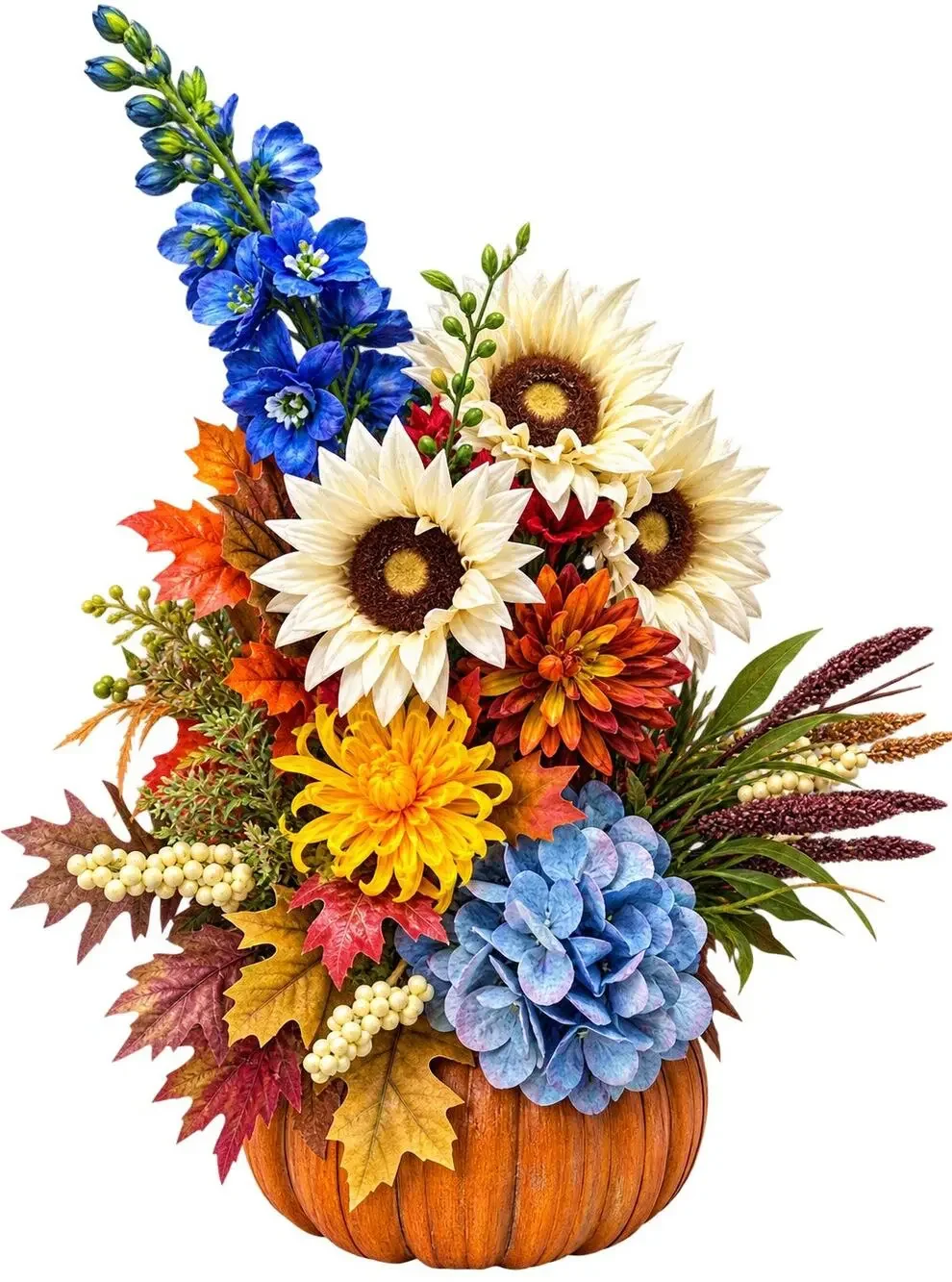 Handmade Fall Pumpkin Floral Arrangement Sunflowers Hydrangea Autumn Centerpiece